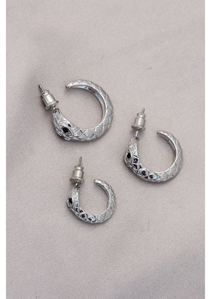 Yılan Tasarımlı Halka Model Gümüş Metal Küpe Seti