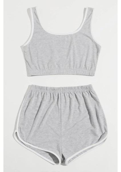 Kadın Gri Askılı Crop Top ve Şortlu Gecelik Takım