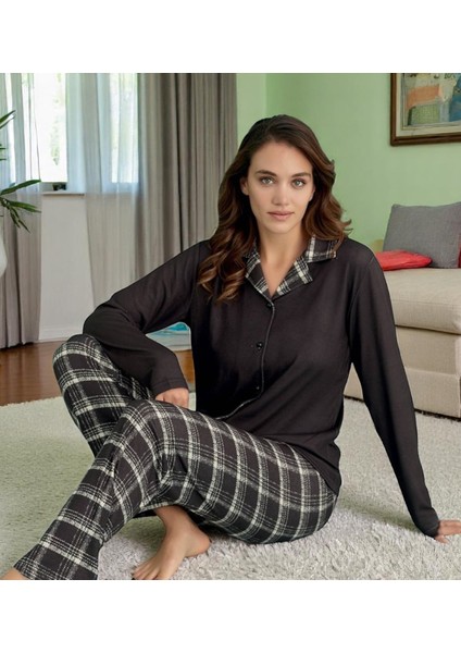 Siyah Ekose Detaylı Uzun Kollu Pijama Takımı - Kadın Ev Giyim Moda Trendy Stiller 14300-13 fiyatları