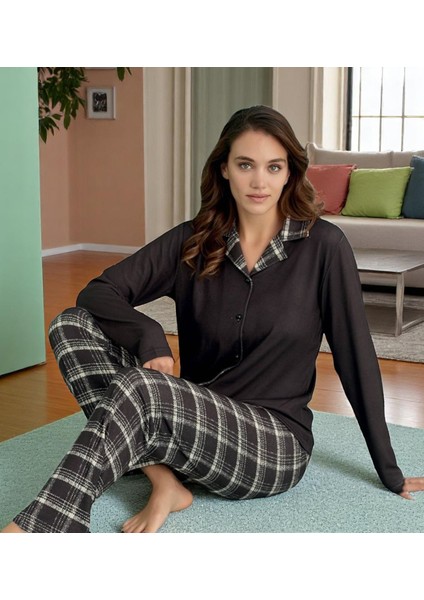 Siyah Ekose Detaylı Uzun Kollu Pijama Takımı - Kadın Ev Giyim Moda Trendy Stiller 14300-13 modelleri