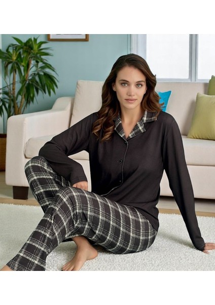 Siyah Ekose Detaylı Uzun Kollu Pijama Takımı - Kadın Ev Giyim Moda Trendy Stiller 14300-13 fırsatları
