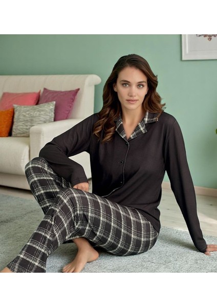 Siyah Ekose Detaylı Uzun Kollu Pijama Takımı - Kadın Ev Giyim Moda Trendy Stiller 14300-13 indirimleri