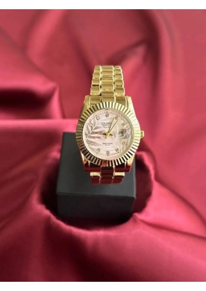 Kadın Gold Paslanmaz Çelik Kordonlu Takvimli Lüks Quartz Kol Saati