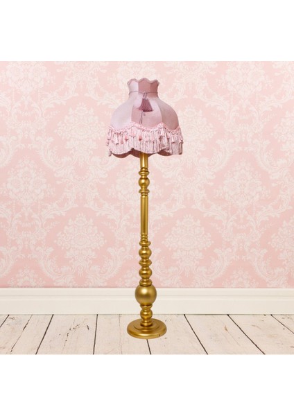 Vintage Ahşap Gold Ayak Pudra Pembe Lambader Püskül Süsleme 170 x 45 cm LM10422