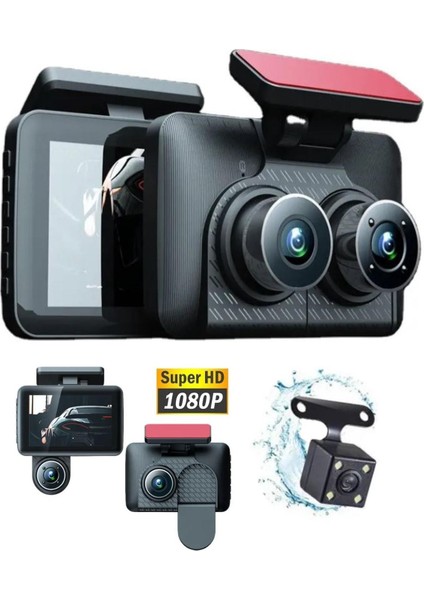 Araç Içi Hd Kamera Video Kaydedici 3 Kamera 1080P Full Hd Araç Kamerası Wdr G-Sensor 5mp Büyük Ekran