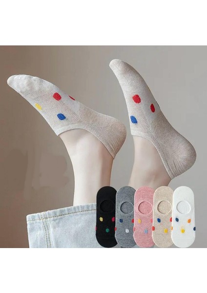 Kadın Renkli Puantiye Desenli Sneakers,Görünmez, Çorap 5'Çift