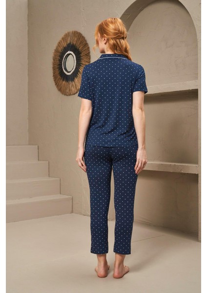 25163 Kadın Yakalı Düğmeli Puanlı Kısa Kollu Pijama Takım