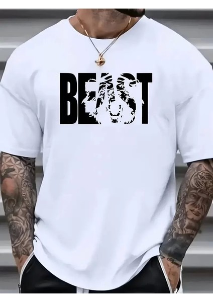 Baskılı Oversize Bisiklet Yaka T-Shirt - Beyaz