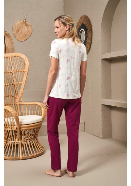 25144 Kadın V Yaka Düğmeli Baskılı Kısa Kollu Pijama Takım