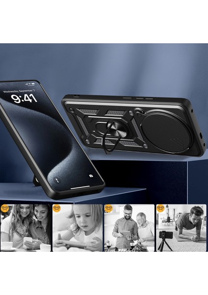 Xiaomi Redmi Note 14 Pro 4g Kılıf Yüzüklü Standlı Sürgülü Kamera Korumalı Tank Sert fiyatları