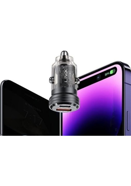 Transparent 45W Pd/qc Mini Araç Şarj Cihazı ve 1 Metre Hızlı Şarj ve Data Kablosu L35 - Tct-01