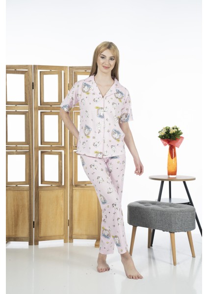 24125 Kadın Kittycorn Kısa Kol Önden Düğmeli Yazlık Penye Pijama Takımı