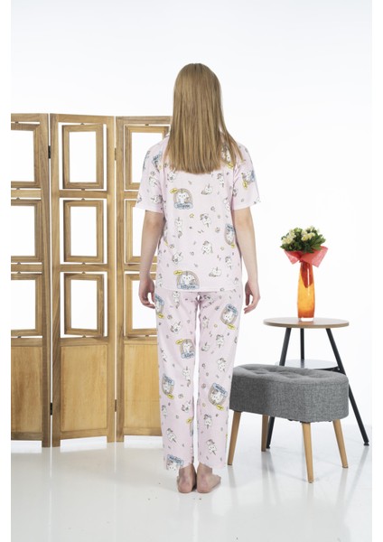 24125 Kadın Kittycorn Kısa Kol Önden Düğmeli Yazlık Penye Pijama Takımı