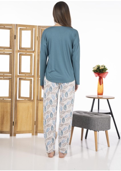 24119 Kadın Yaprak Desenli Uzun Kollu Yazlık Viskon Pijama Takımı