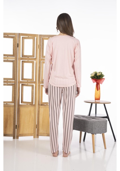 24118 Kadın Çizgili Uzun Kollu Yazlık Viskon Pijama Takımı