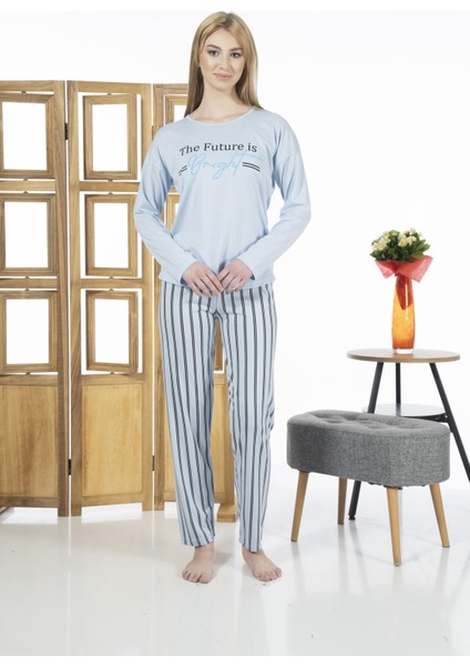 24118 Kadın Çizgili Uzun Kollu Yazlık Viskon Pijama Takımı