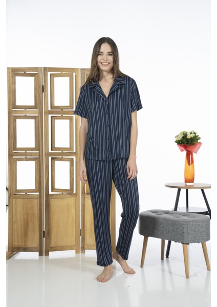 24156 Kadın Kısa Kol Boydan Düğmeli Gömlek Pijama Takımı