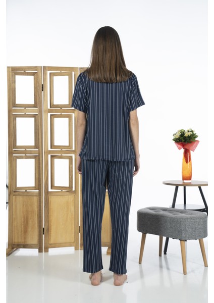 24156 Kadın Kısa Kol Boydan Düğmeli Gömlek Pijama Takımı