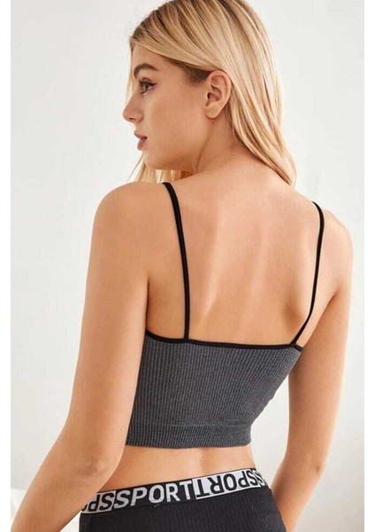 Kadın Anstrasit Gri Ip Askılı Crop Top Bluz