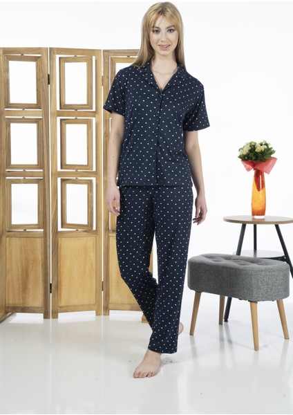 24151 Kadın Kısa Kol Boydan Düğmeli Gömlek Pijama Takımı