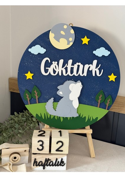 Özel Tasarım Hediyelik Göktürk Ulu Kurtlu Safari Hayvanlı Bebek Ahşap Hastane Kapı Süsü