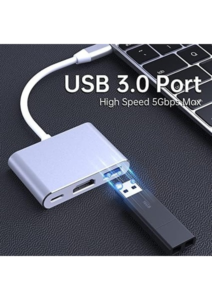 Type-C 3in1 HDMI 4K USB 3.0 Görüntü Veri Aktarımı Sağlar USB Adaptör Notebook ve Macbook ile Uyumlu Tc-23