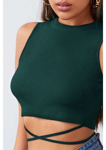 Kadın Yeşil Çapraz Bağlamalı Crop Top Büstiyer