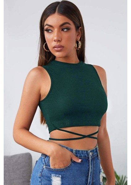 Kadın Yeşil Çapraz Bağlamalı Crop Top Büstiyer