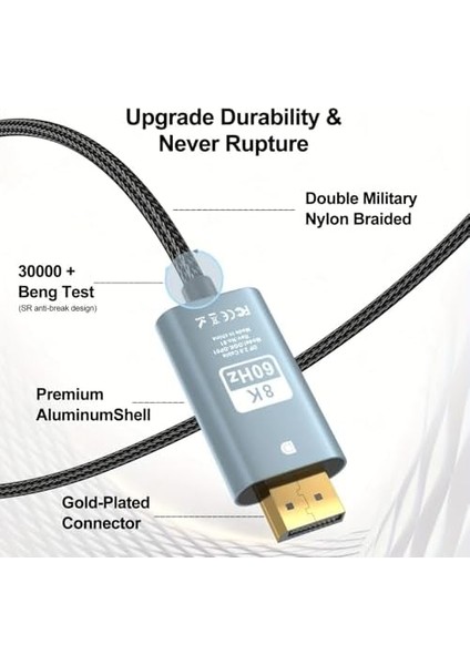 Dp To Dp Kablo, 8k 60Hz 200CM Yüksek Hızlı, Displayport Kablo 2 Metre Kablo Uzunluğu Displayport To Displayport Kablo 200CM ZR856