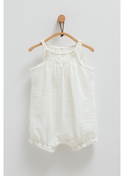 Kız Bebek Müslin Tulum Ekru Çiçek Detaylı