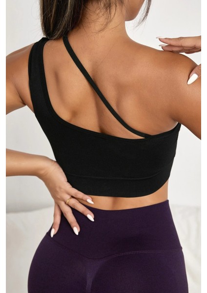 Kadın Siyah Tek Omuzlu Çapraz Askılı Crop Top Büstiyer