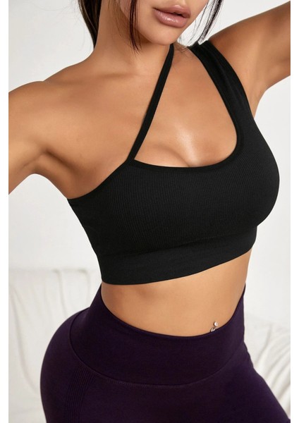 Kadın Siyah Tek Omuzlu Çapraz Askılı Crop Top Büstiyer