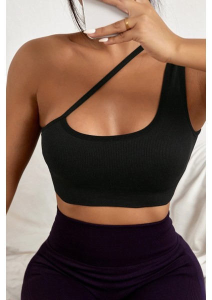 Kadın Siyah Tek Omuzlu Çapraz Askılı Crop Top Büstiyer