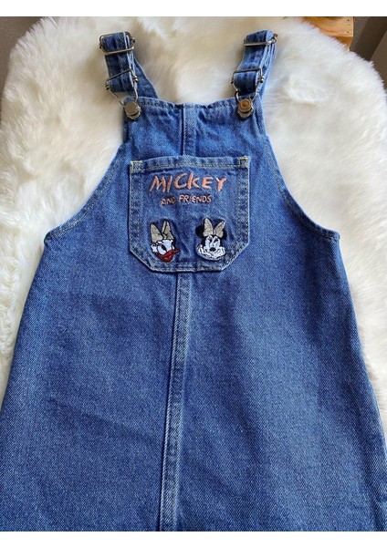 Mickey Nakışlı Kot Salopet Kız Çocuk Elbise