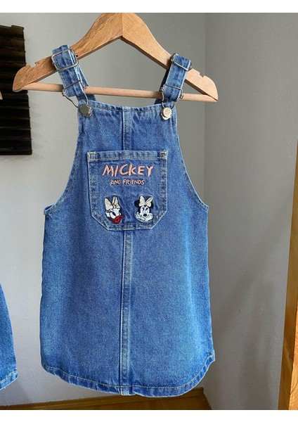 Mickey Nakışlı Kot Salopet Kız Çocuk Elbise