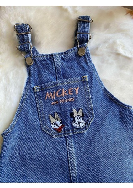 Mickey Nakışlı Kot Salopet Kız Çocuk Elbise