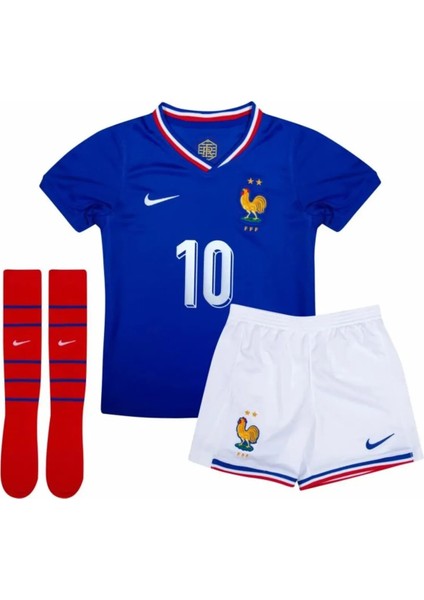 Fransa Mbappe Milli Takım Dünya Kupası Mavi-Beyaz Çocuk Alt-Üst Takım T-Shrt Çorap+Bileklik