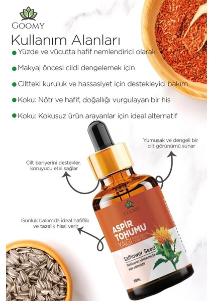 Aspir Tohumu Yağı Soğuk Sıkım Doğal Bitkisel Sabit Yağ Safflower Seed Oil 30ml