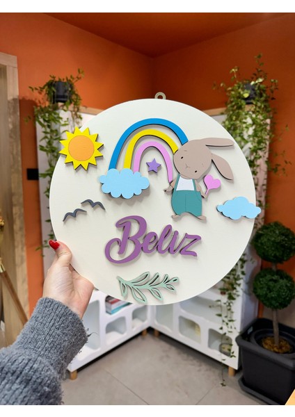 Özel Tasarım Tavşanlı Gökkuşaklı Hayvanlı Kız Bebek Hastane Ahşap Kapı Süsü