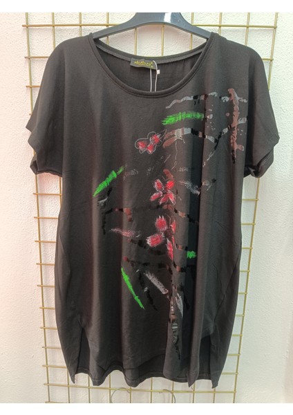 Büyük Beden Esnek Kumaş Bisiklet Yakalı Ön Baskılı Bluz