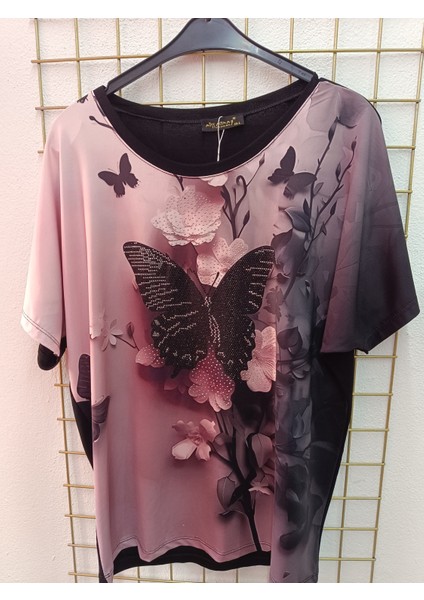 Büyük Beden Kelebek Desenli Taşlı Esnek Bisiklet Yakalı Ön Baskılı Bluz