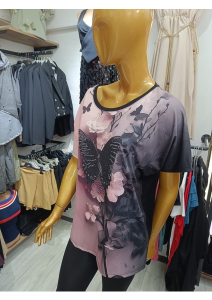 Büyük Beden Kelebek Desenli Taşlı Esnek Bisiklet Yakalı Ön Baskılı Bluz modelleri