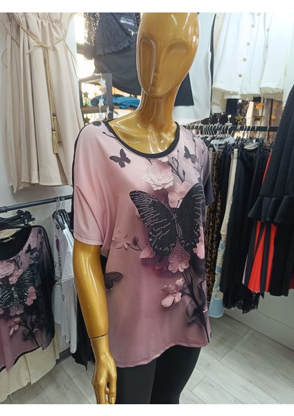 Büyük Beden Kelebek Desenli Taşlı Esnek Bisiklet Yakalı Ön Baskılı Bluz fırsatları