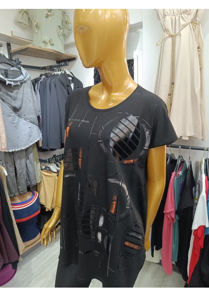 Büyük Beden Esnek Kumaş Bisiklet Yakalı Ön Baskılı Bluz modelleri