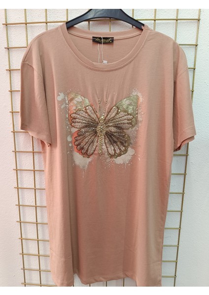 Büyük Beden Kelebek Desenli Taşlı Esnek Bisiklet Yakalı Ön Baskılı Bluz