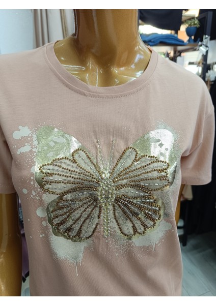 Büyük Beden Kelebek Desenli Taşlı Esnek Bisiklet Yakalı Ön Baskılı Bluz indirimleri