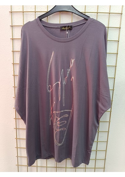 Büyük Beden Desenli Taşlı Esnek Bisiklet Yakalı Ön Baskılı Bluz