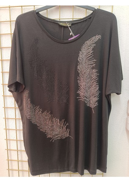 Büyük Beden Tüy Desenli Taşlı Esnek Bisiklet Yakalı Ön Baskılı Bluz