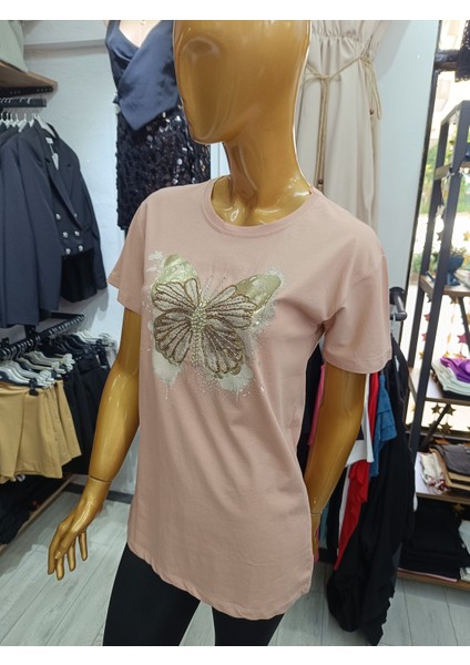 Büyük Beden Kelebek Desenli Taşlı Esnek Bisiklet Yakalı Ön Baskılı Bluz modelleri