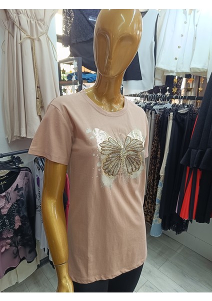 Büyük Beden Kelebek Desenli Taşlı Esnek Bisiklet Yakalı Ön Baskılı Bluz fırsatları